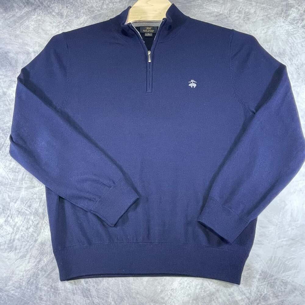 Brooks Brothers 346 1/4 Zip Sweater Size M Navy Blue Extra Fine Merino Wool